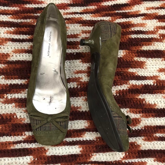 Y2K Preppy Whimsygoth Coquette Green Leather Suede Bow Plaid Kitten Heels Pumps - Picture 1 of 8